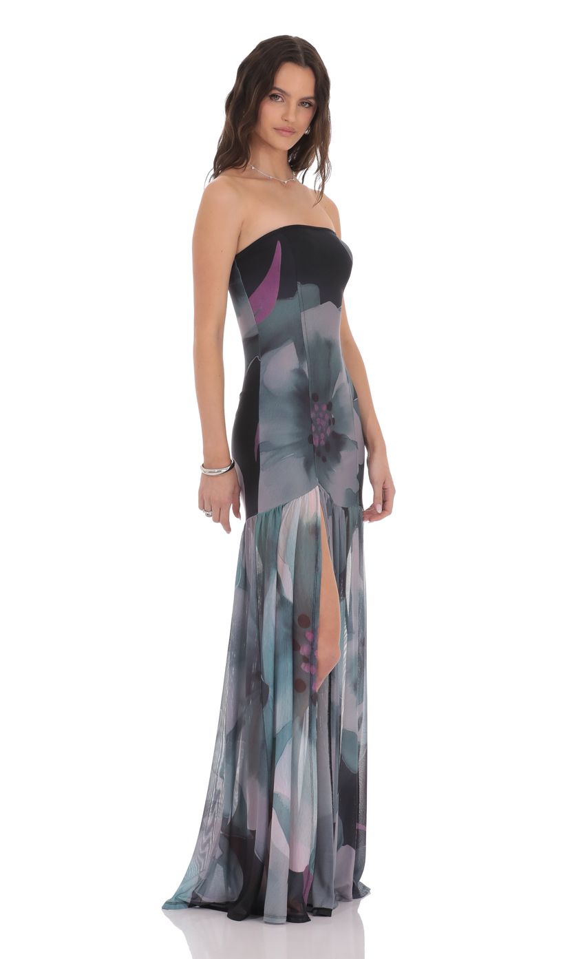 Lucy In The Sky Foral Mesh Strapless Maxi Dress in Navy
