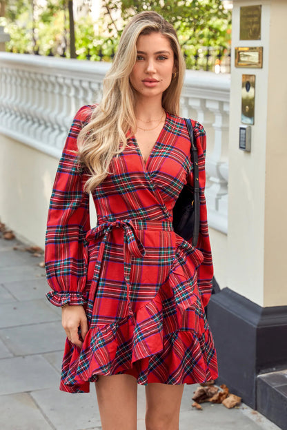 Cupshe Red Plaid Blouson Sleeve Ruffle Cuff Wrap Mini Dress (x2)