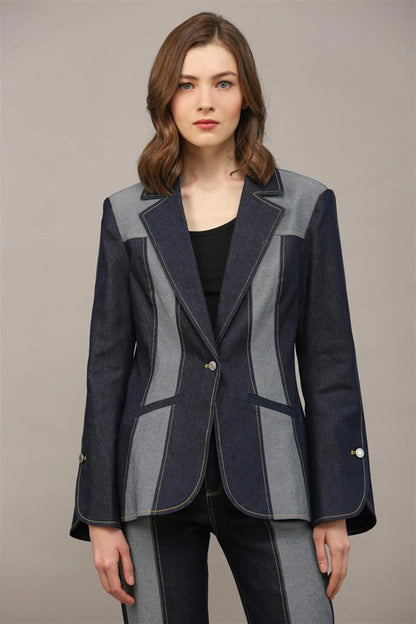 Ruby & Jenna Women's Welt Pocket Two Tone Denim Blazer