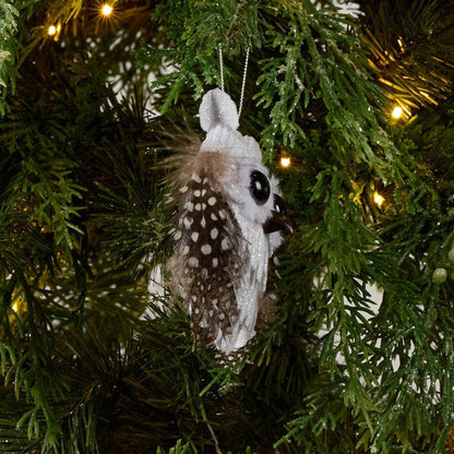 Cracker Barrel White Glitter Owl with Feathers Ornament