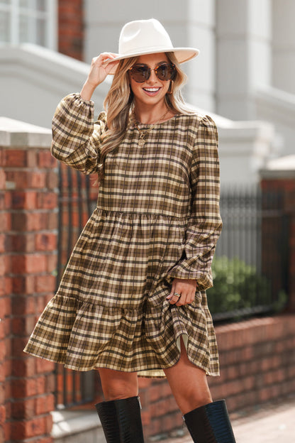 Cupshe Brown Plaid Round Neck Long Sleeve Mini Dress