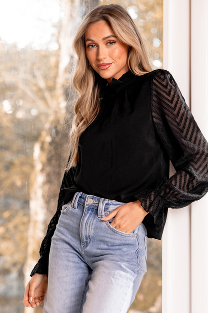 Cupshe Black Standing Collar Sheer Long Sleeve Blouse (x2)