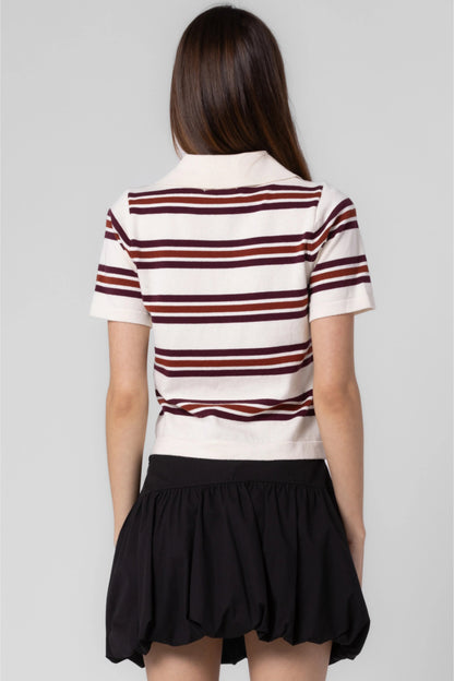 Ruby & Jenna Women's Knitted Cotton Stripe Polo Top
