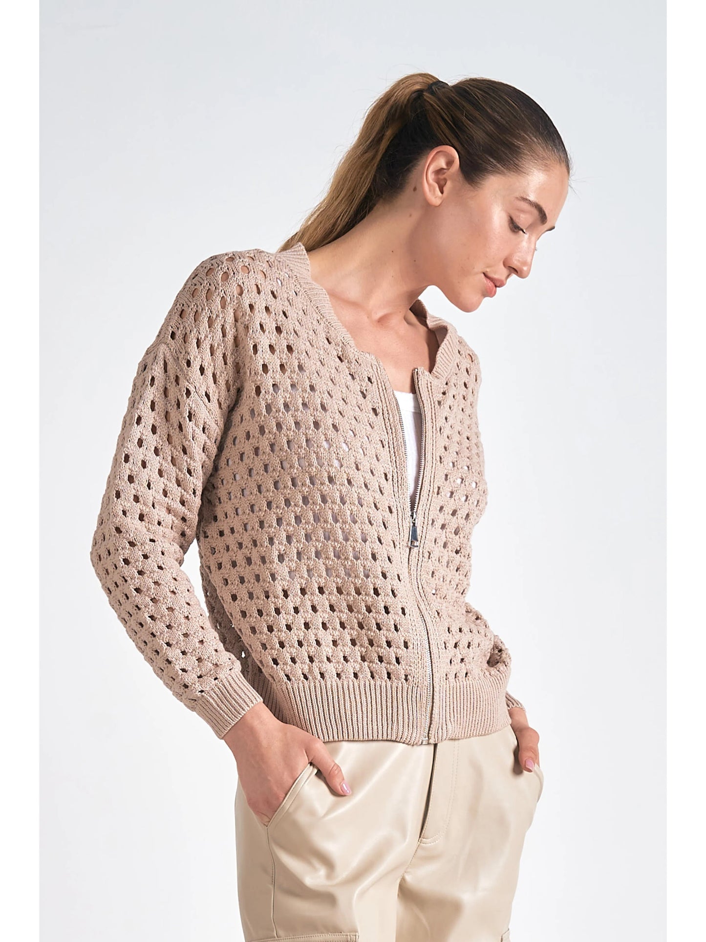 Ruby & Jenna Women's Zip Up Hole Sweater