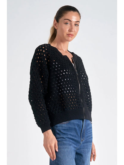 Ruby & Jenna Women's Zip Up Hole Sweater