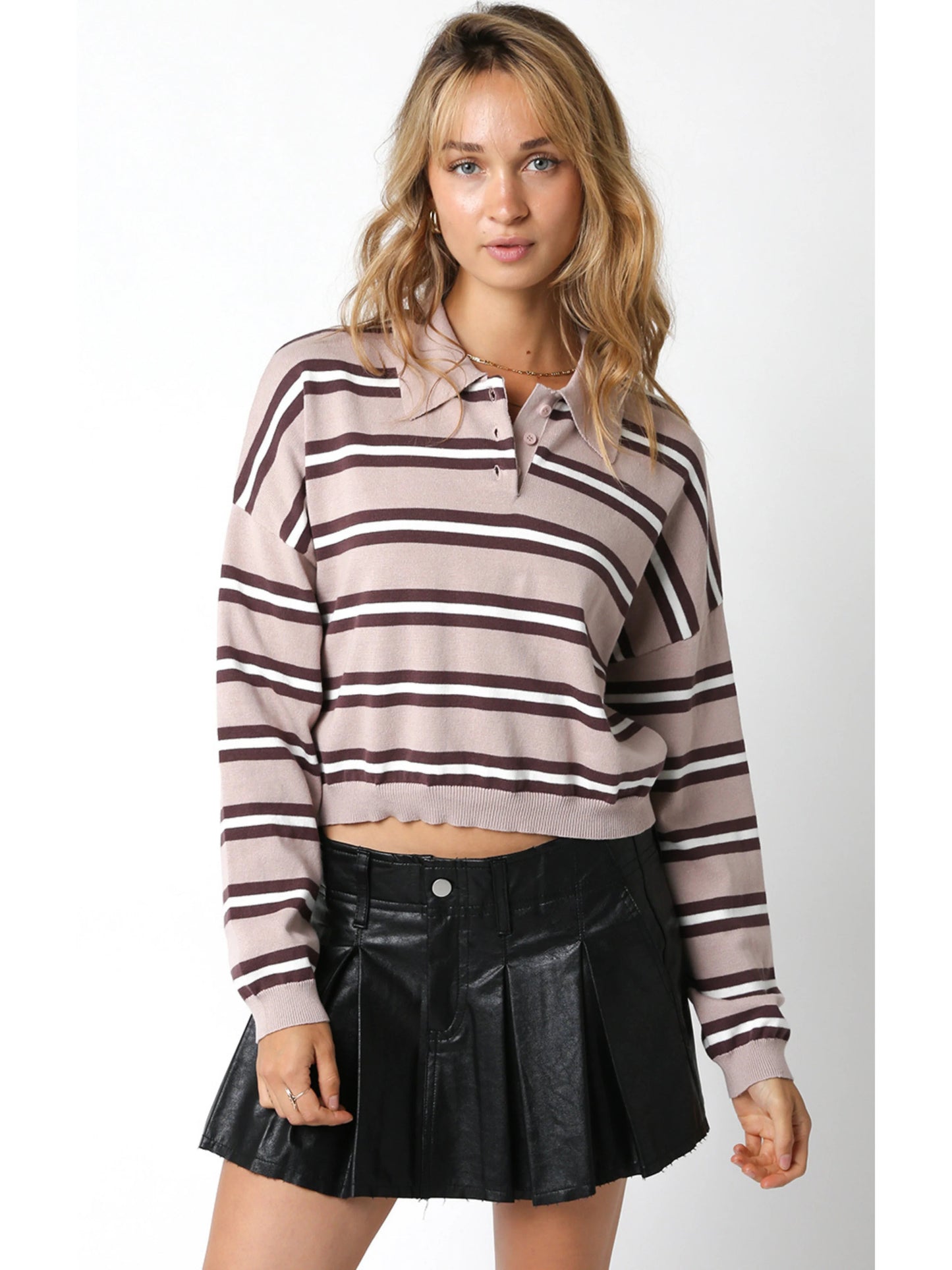 Ruby & Jenna Women's Striped Collared Top