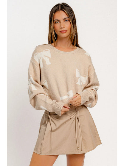 Ruby & Jenna Women's Round Neck Ribbon Print Crop Sweater