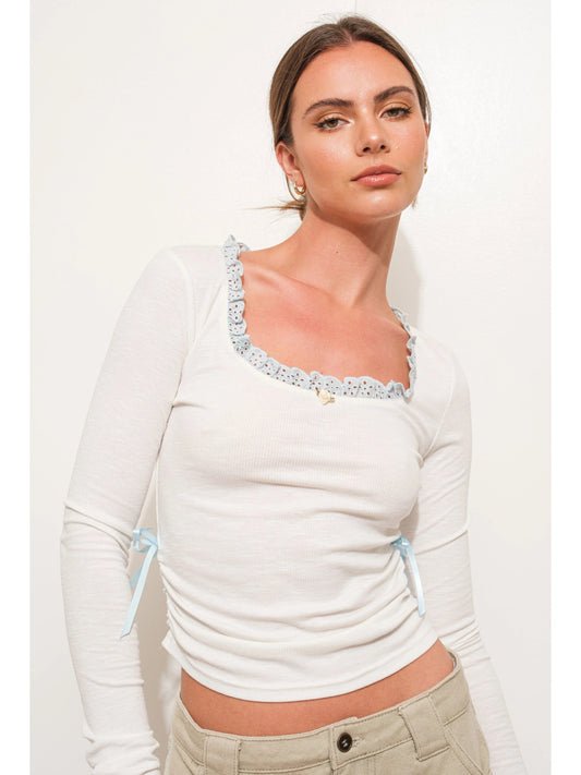 Ruby & Jenna Women's Lace Trim Rib Knit Top