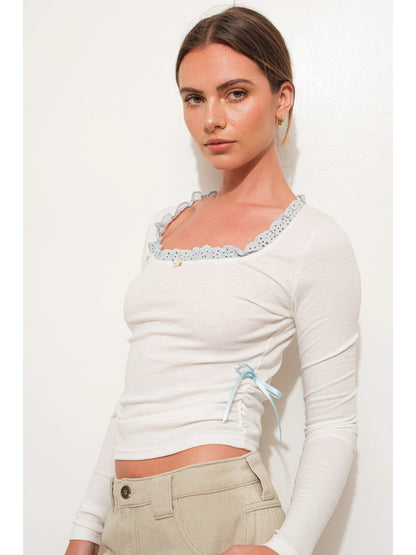 Ruby & Jenna Women's Lace Trim Rib Knit Top