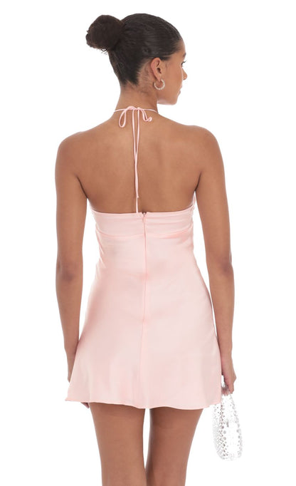 Lucy In The Sky Flower Satin Halter Dress in Pink