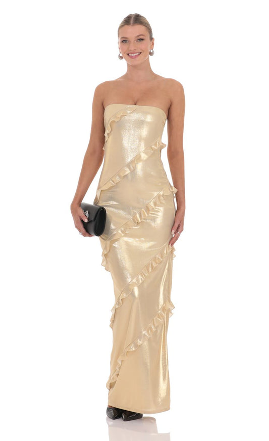 Lucy In The Sky Metallic Ruffle Strapless Maxi Dress in Gold