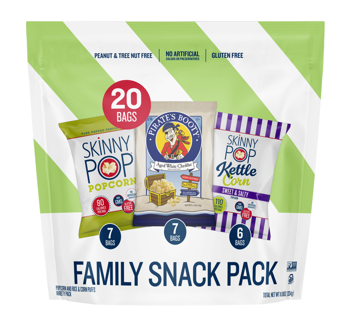 SKINNYPOP and PIRATE'S BOOTY Family Snack Pack Popped Popcorn and Aged White Cheddar Puffs, 0.5 - 0.8 oz Bags (20 Count)