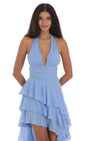 Lucy In The Sky Asymmetrical Ruffle Maxi Dress in Blue