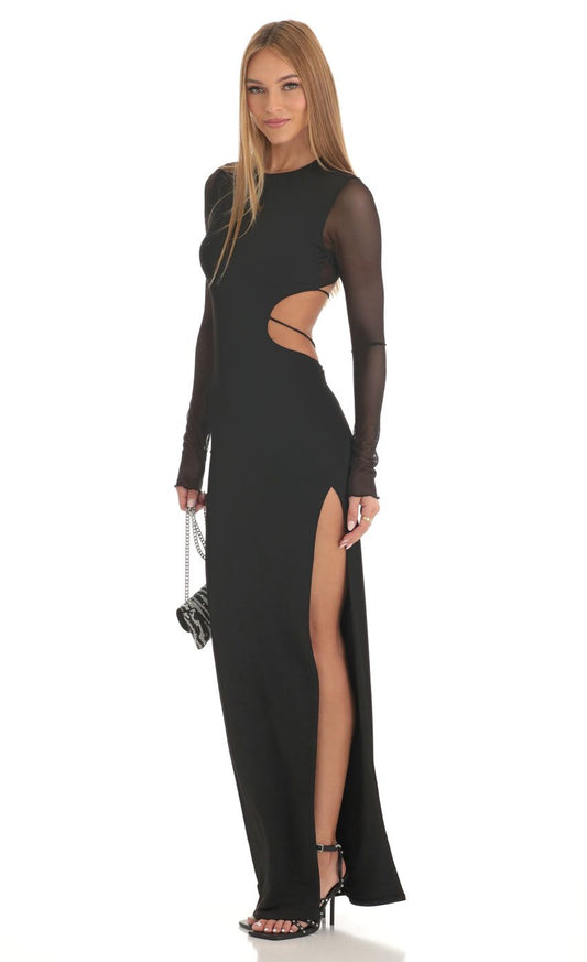Lucy In The Sky Long Sleeve Sheer Back Dress in Black