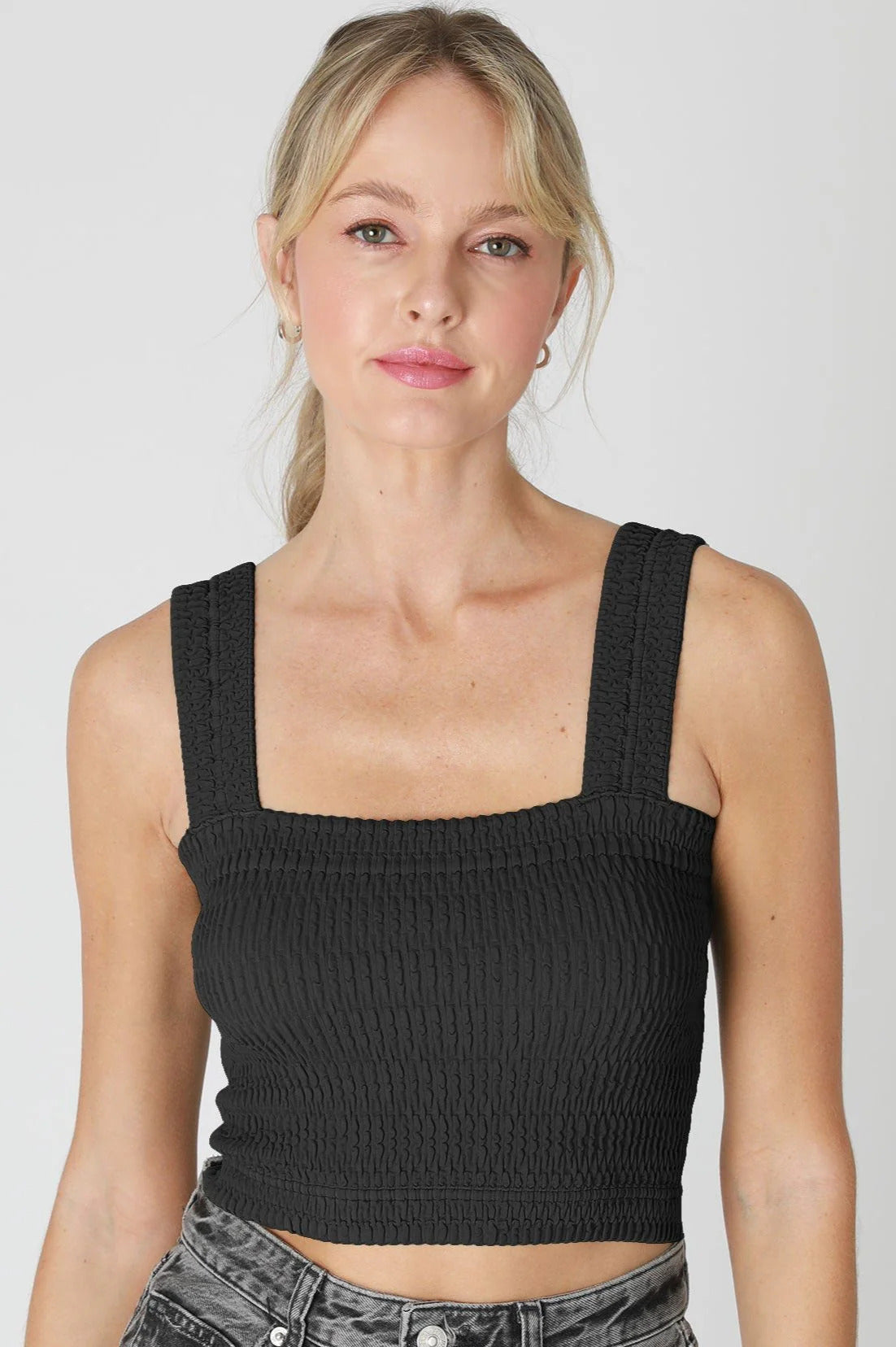 Ruby & Jenna Women's Shirred Square Neck Crop