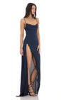 Lucy In The Sky Cowl Neck Satin Open Back Maxi Dress in Navy