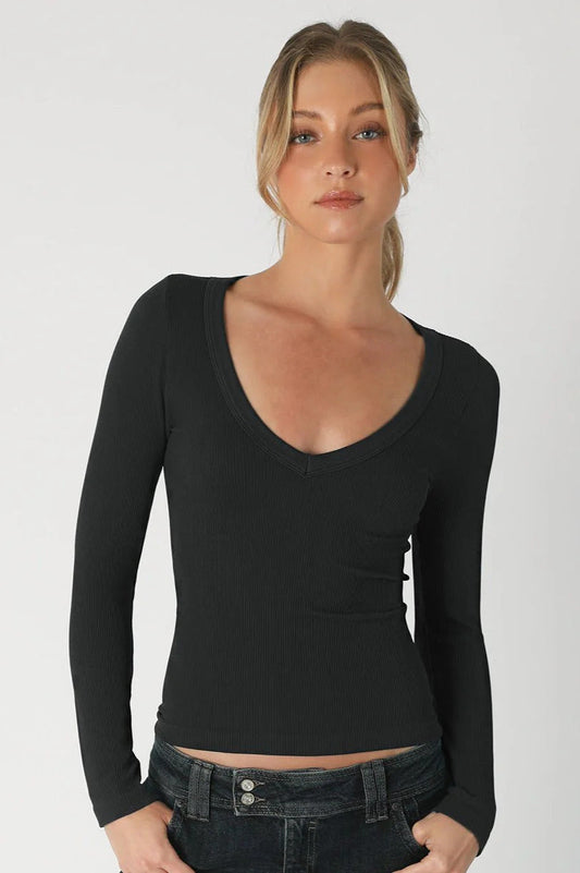 Ruby & Jenna Women's Deep V Neck Long Sleeve Top