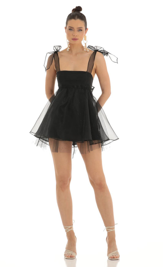 Lucy in the Sky Glitter Bow Baby Doll Dress in Black