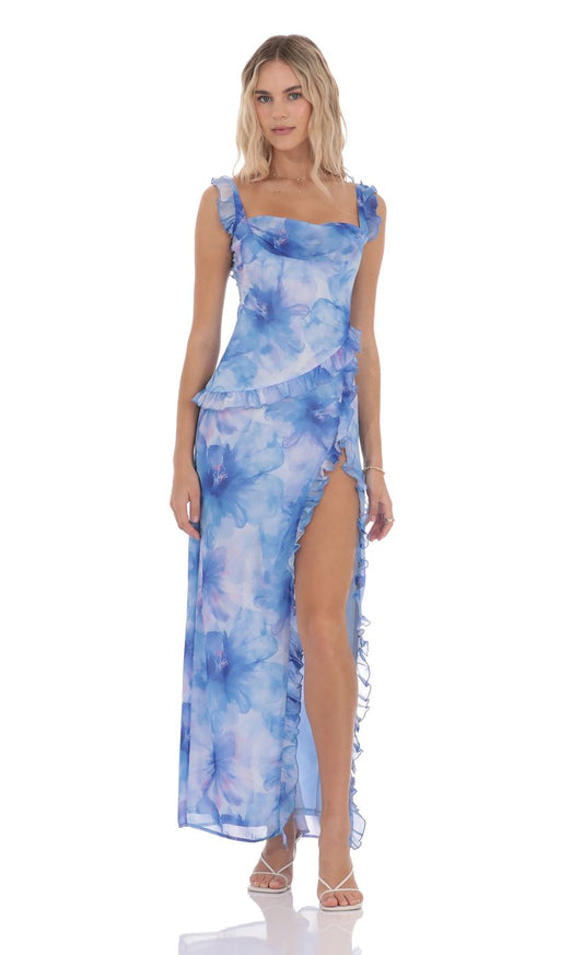 Lucy in the Sky Floral Ruffle Cowl Neck Maxi Dress in Blue