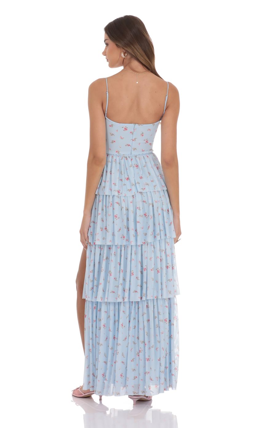 Lucy in the Sky Floral Mesh Ruffle Maxi Dress in Blue