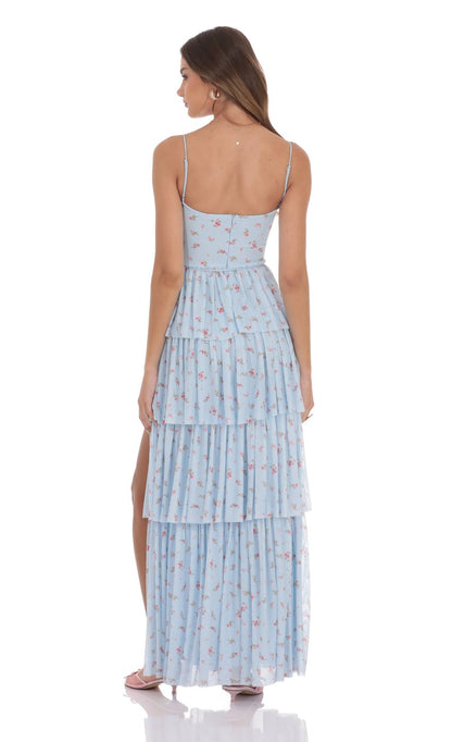 Lucy in the Sky Floral Mesh Ruffle Maxi Dress in Blue