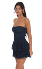 Lucy In The Sky Lace Strapless Ruched Ruffle Dress in Navy