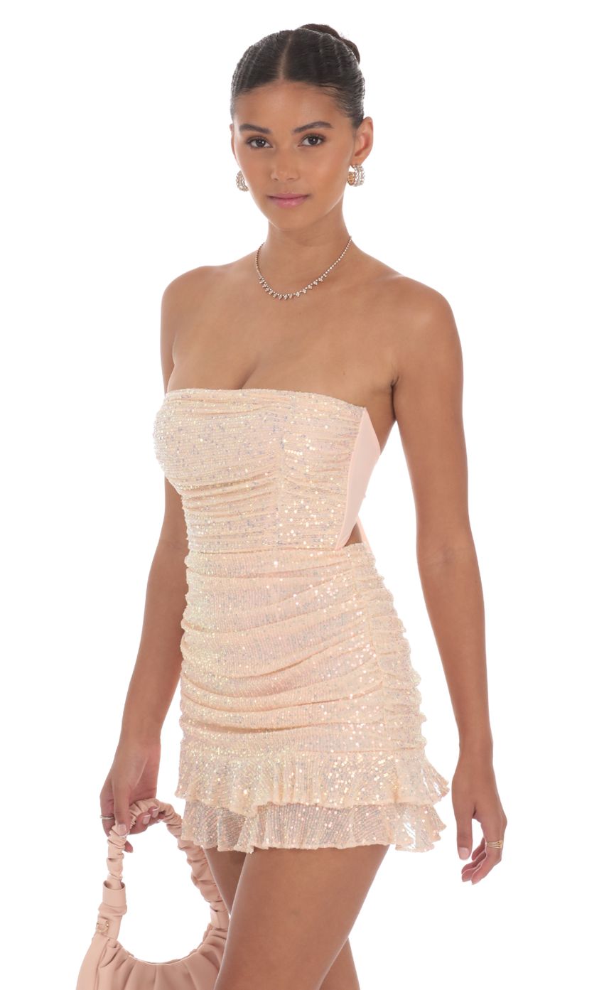 Lucy In The Sky Sequin Ruched Bodycon Dress in Peachy Pink