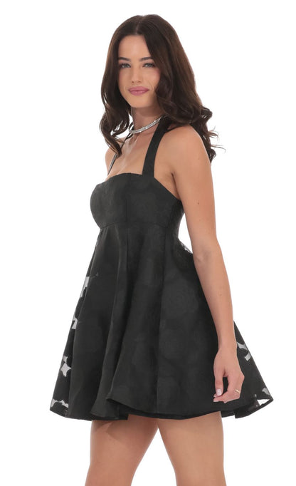 Lucy In The Sky Floral Flare Babydoll Dress in Black