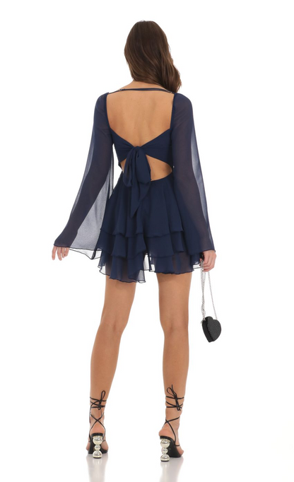 Lucy in the Sky Chiffon Bell Sleeve Dress in Navy