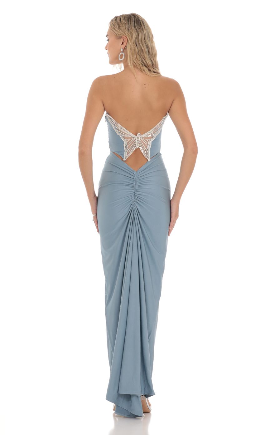 Lucy in the Sky Strapless Corset Sequin Butterfly Maxi Dress in Blue