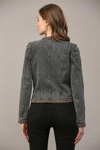 Ruby & Jenna Women's Braided Trim Jean Jacket