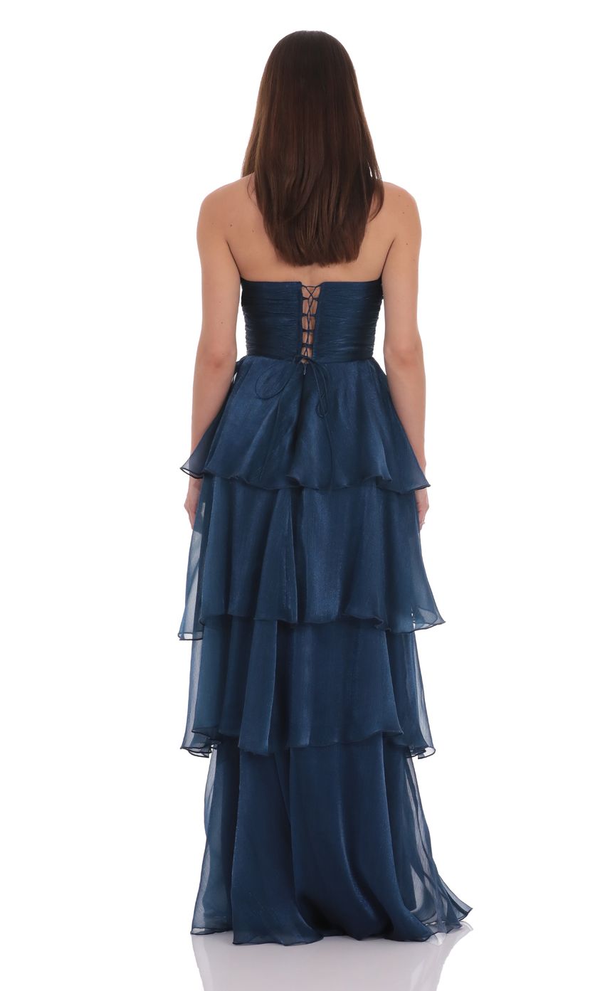 Lucy in the Sky Corset Petal Ruffle Strapless Maxi Dress in Navy