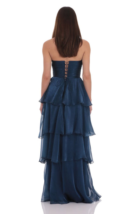 Lucy in the Sky Corset Petal Ruffle Strapless Maxi Dress in Navy