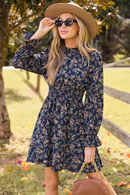 Cupshe Blue Floral Standing Collar Long Sleeve Ruffle Cuff Mini Dress