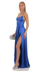 Lucy In The Sky Satin Slit Maxi Dress in Blue