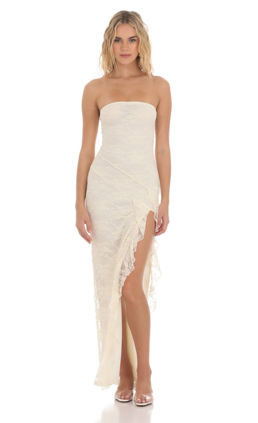 Lucy in the Sky Strapless Lace Ruffle Slit Dress in Cream