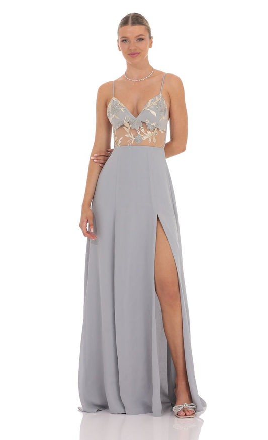 Lucy In The Sky Embroidered Floral Cutout Maxi Dress in Grey