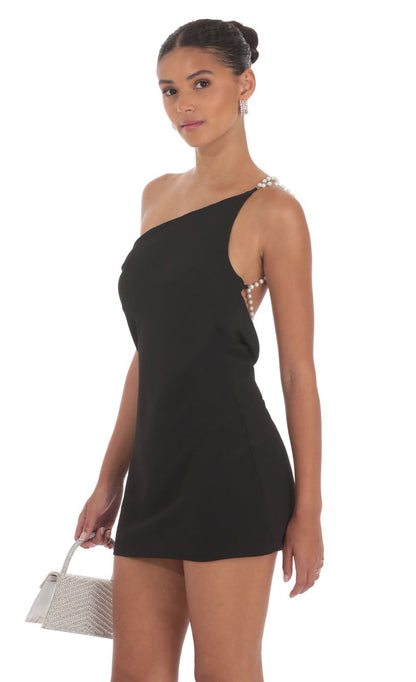 Lucy In The Sky Pearl One Shoulder Satin Dress in Black