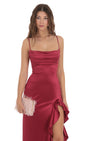 Lucy In The Sky Satin Ruffle Maxi Dress in Maroon