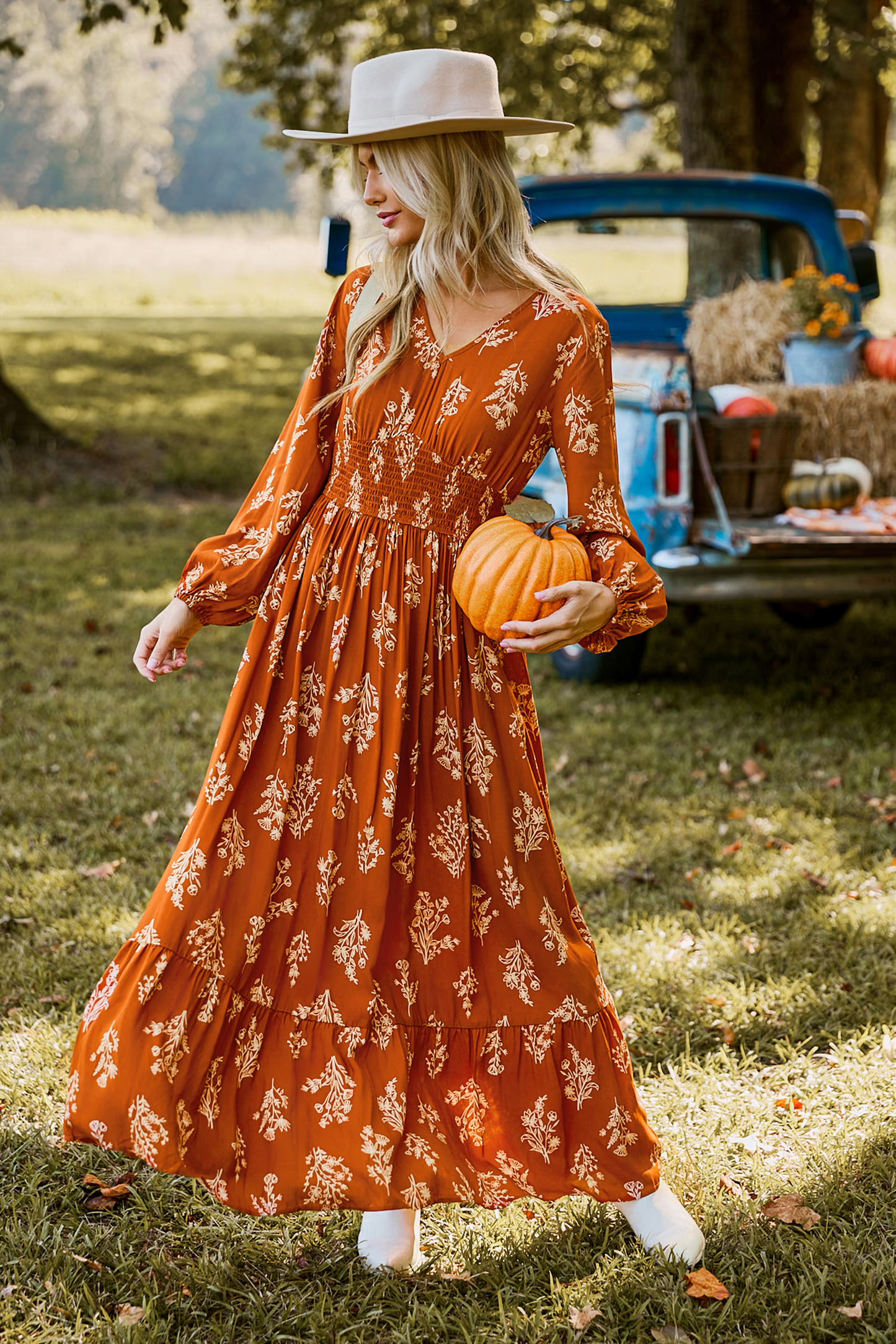 Cupshe Burnt Orange Floral Blouson Sleeve Smocked Waist Maxi Dress