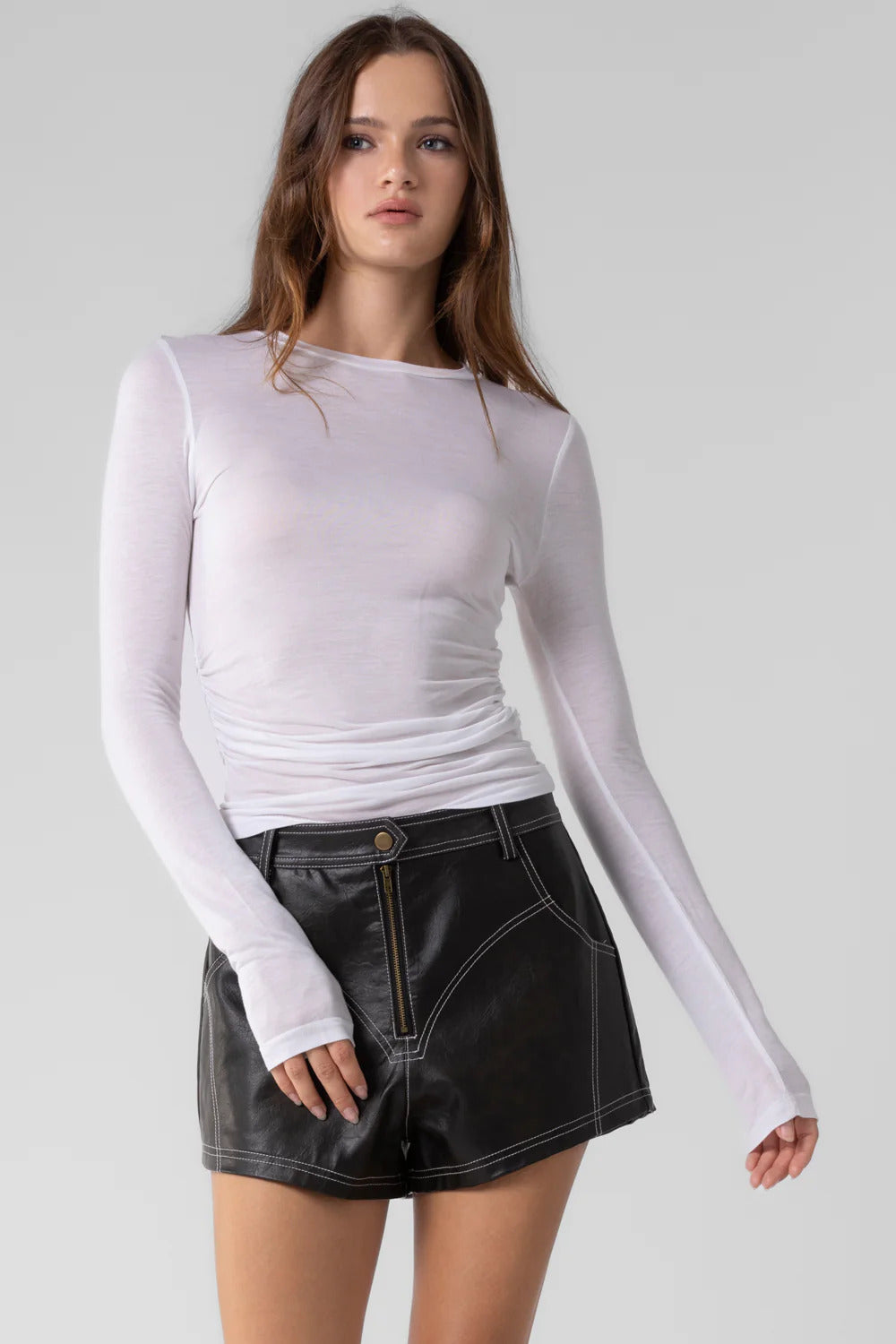 Ruby & Jenna Women's Shirred Basic Long Sleeve