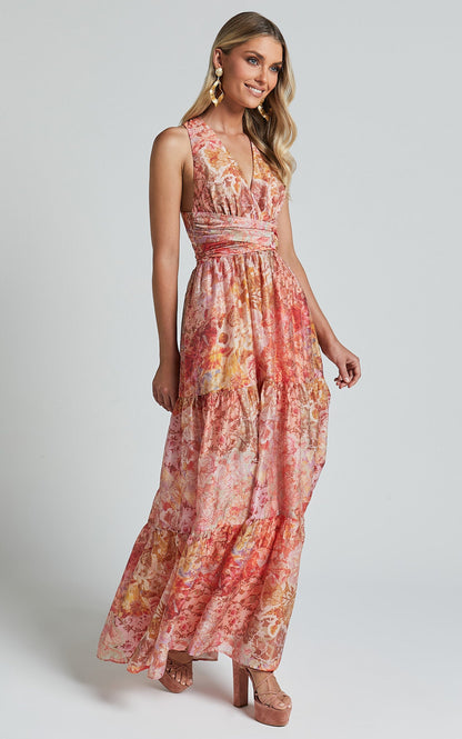 Showpo Amalie The Label - Monte Plunge Neck Tie Back Tiered Maxi Dress in Morocco Print