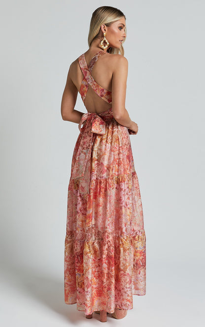 Showpo Amalie The Label - Monte Plunge Neck Tie Back Tiered Maxi Dress in Morocco Print