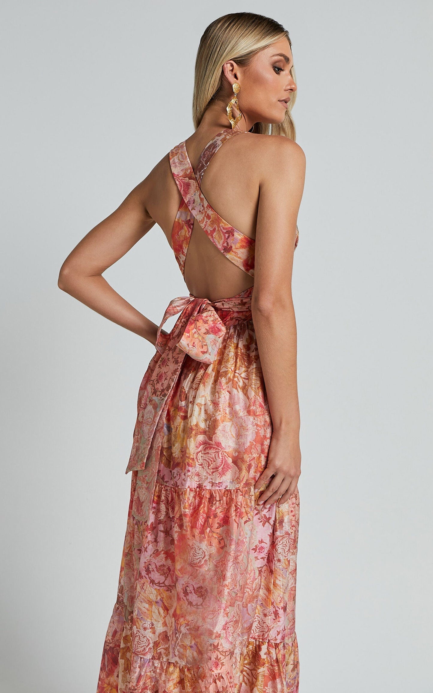 Showpo Amalie The Label - Monte Plunge Neck Tie Back Tiered Maxi Dress in Morocco Print