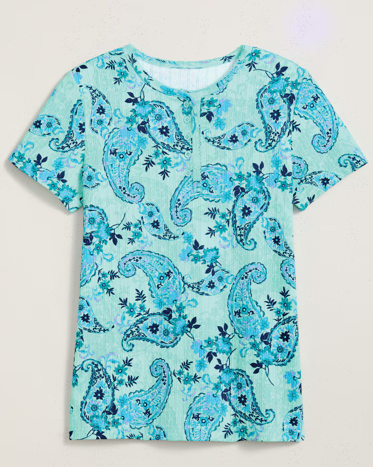 BLAIR Women's Tops Print Short Sleeve Pointelle Henley Top (Petite)- x3