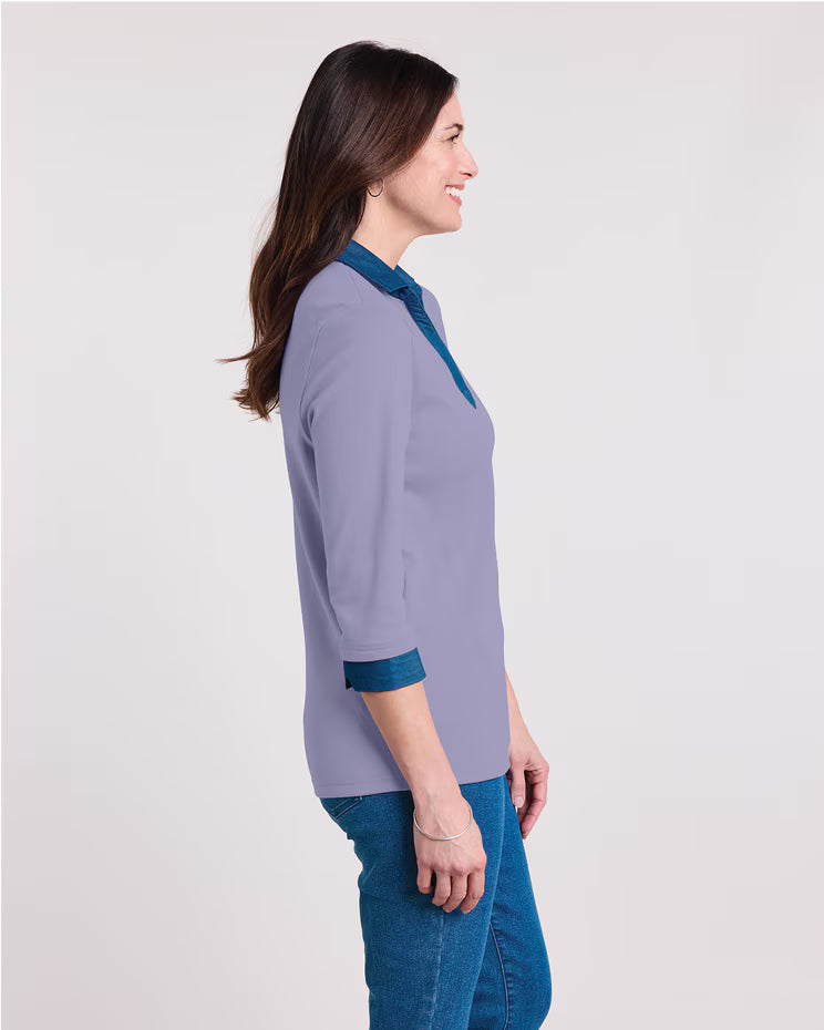 BLAIR Women’s Top Essential Knit DenimLite Trim Knit Polo (Women Plus)