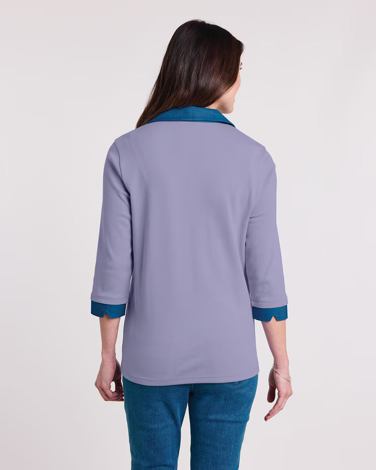 BLAIR Women’s Top Essential Knit DenimLite Trim Knit Polo (Women Plus)