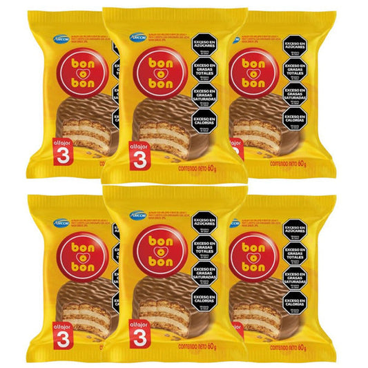 Pampa Direct Bon O Bon Alfajor Triple with Peanut Butter and Milk Chocolate, 60 g / 2.1 oz (pack of 6)