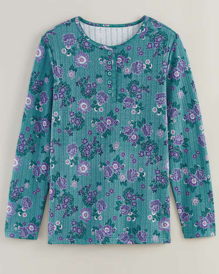 BLAIR Women's Tops Print Long Sleeve Pointelle Henley Top 1 (Misses) - x4
