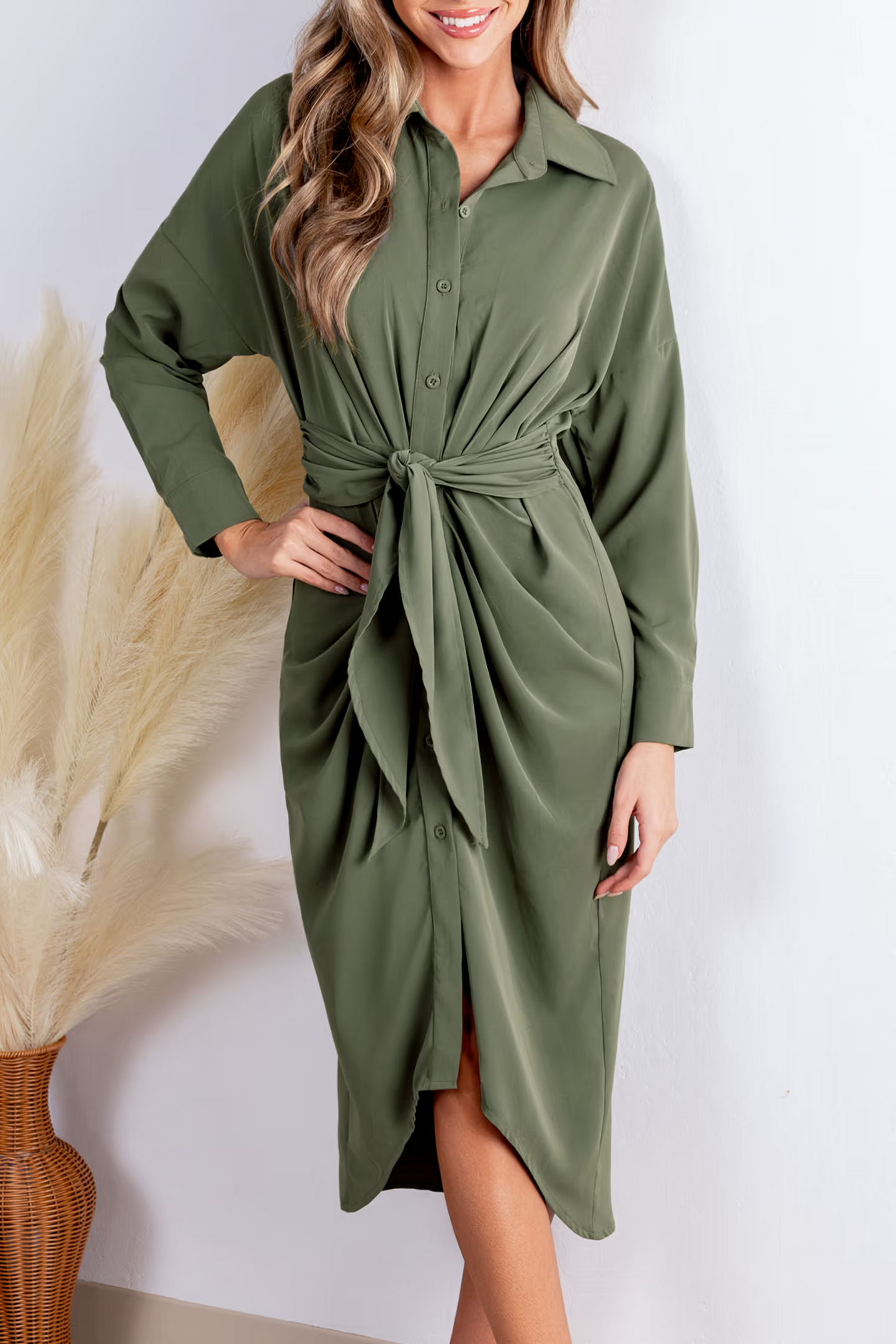 Cupshe Sage Collared Front Button Midi Shirt Dress